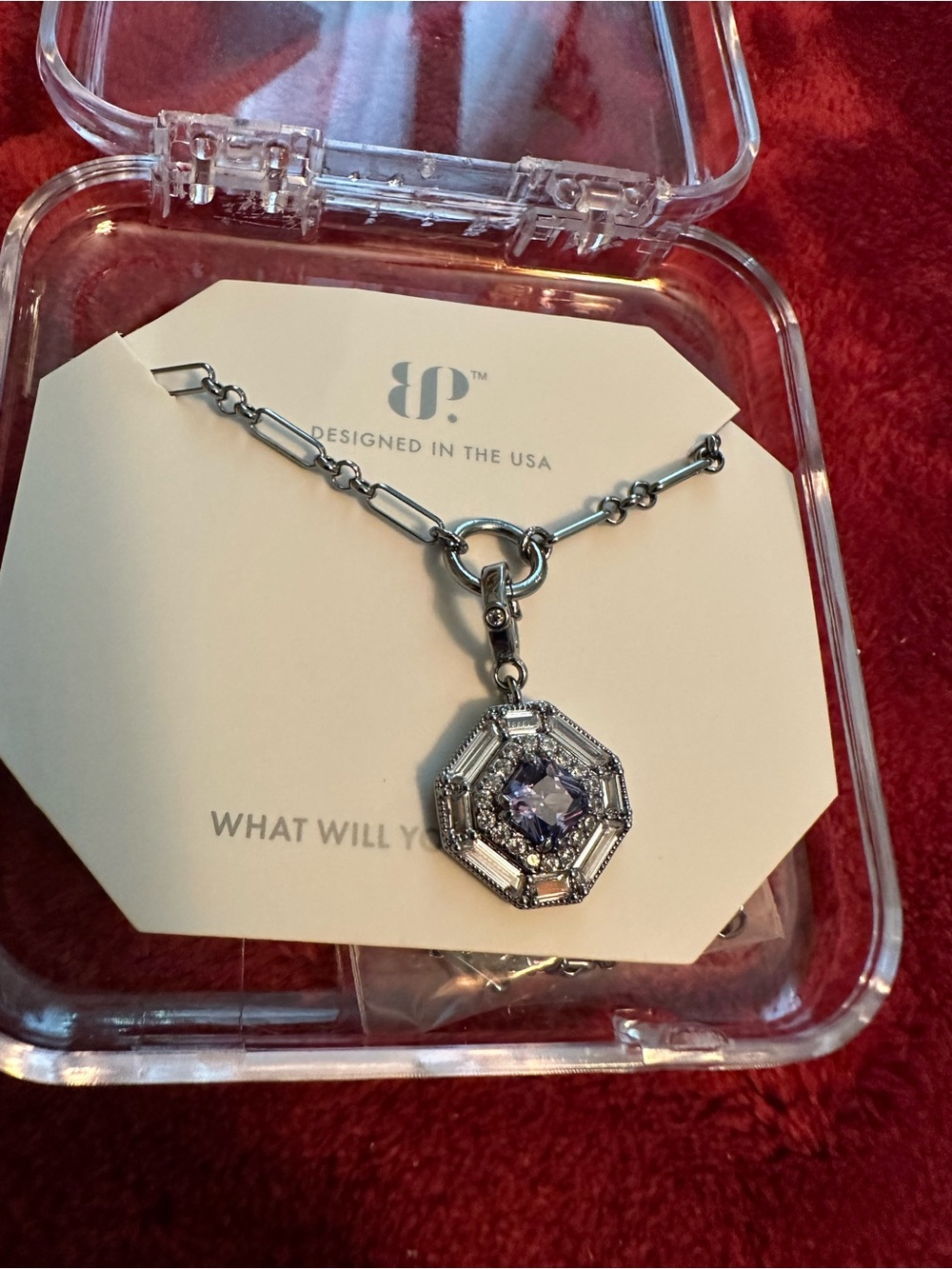 Silver-Tone Octagon Pendant Necklace with Lavender Crystal